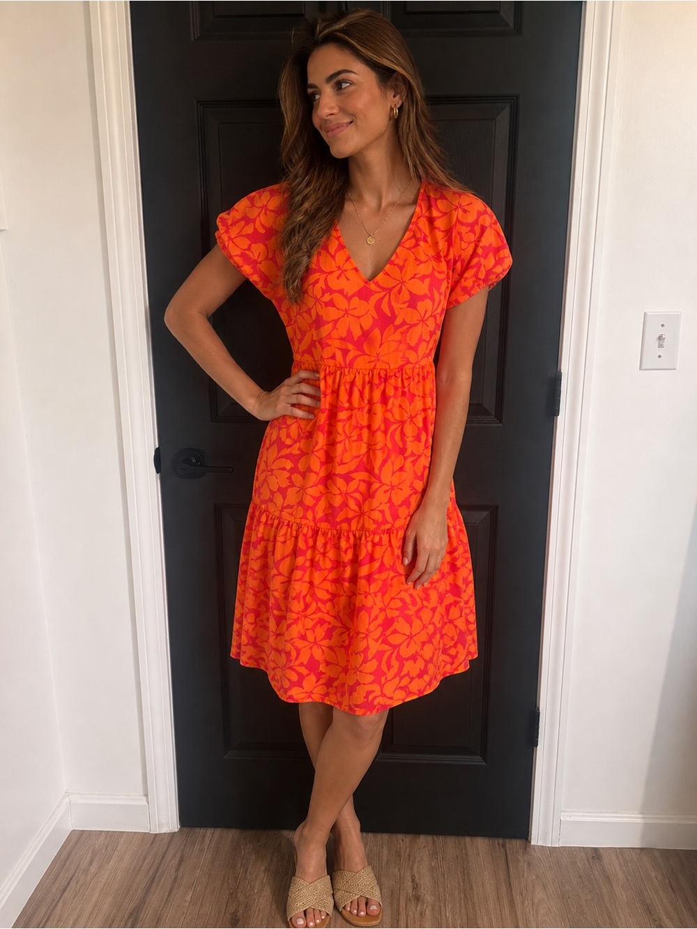 J.Crew Pink Orange Floral Tiered Midi Dress Puff Sleeve Pockets Size 4